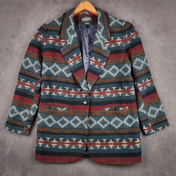 Braetan Jackets & Blazers - Vintage Braetan Blazer Womens Small Teal Burgundy Southwestern‎ Aztec Wool Blend